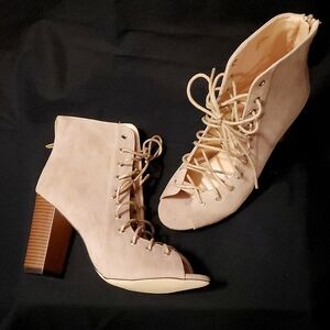 Beige peep toe lace up heel women 9